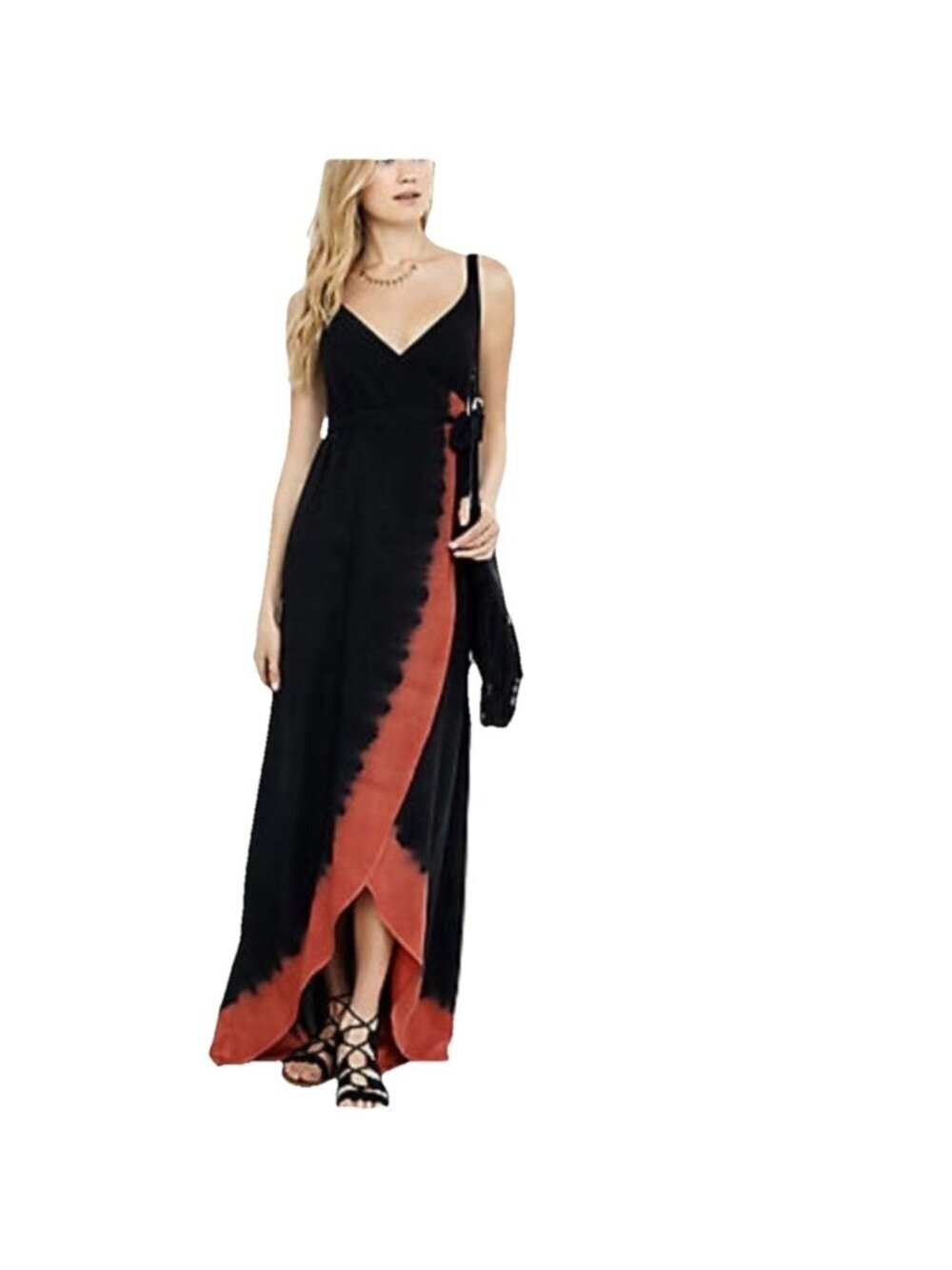 Express Tie Dye Ombre Wrap Long Dress Size Medium Red Black Beach Resort Wear
